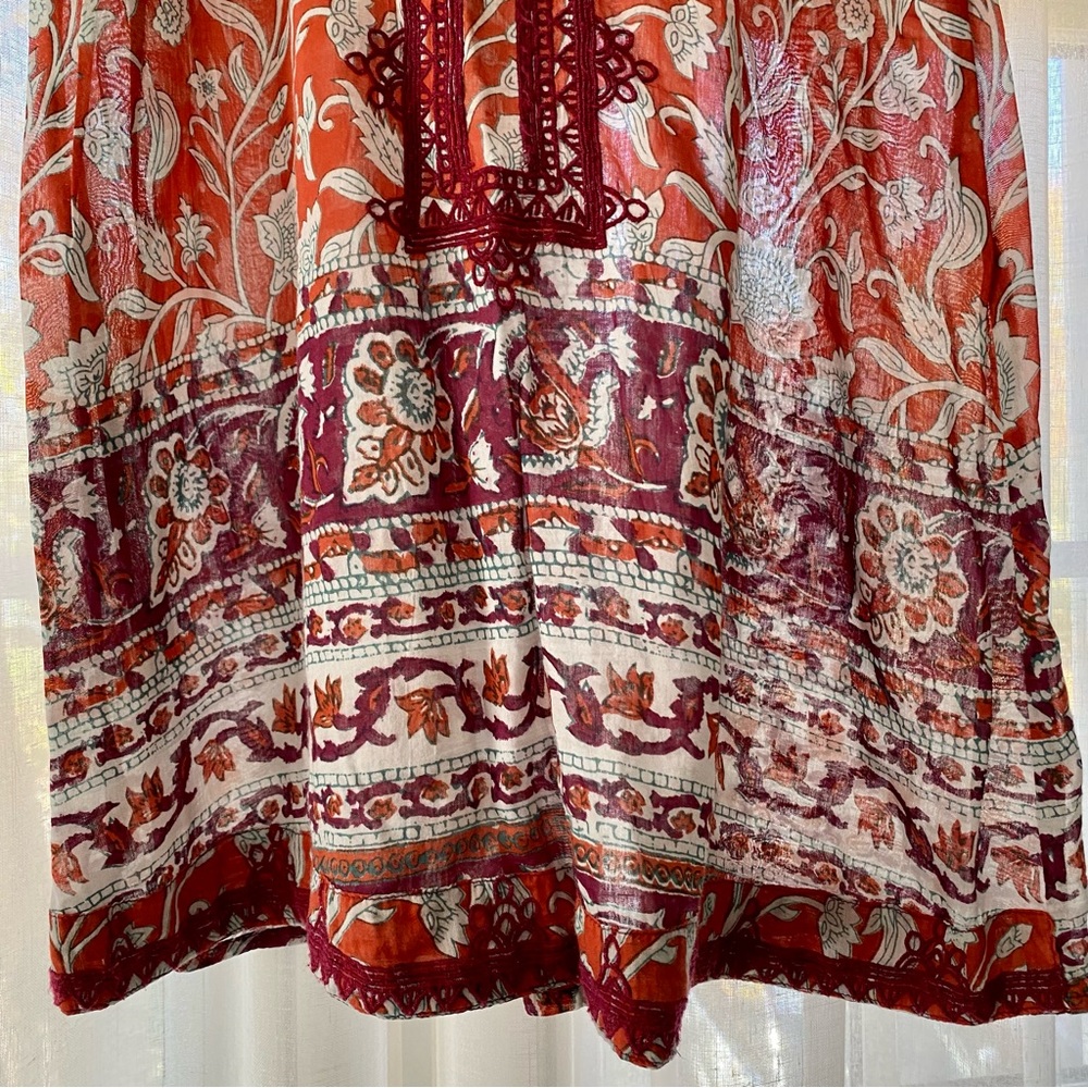Embroidered tunic floral Asian theme orange red cream short sleeves small - Picture 5 of 7